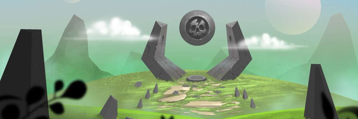 A green manapunk arena with ancient stone pillars and a floating skull orb